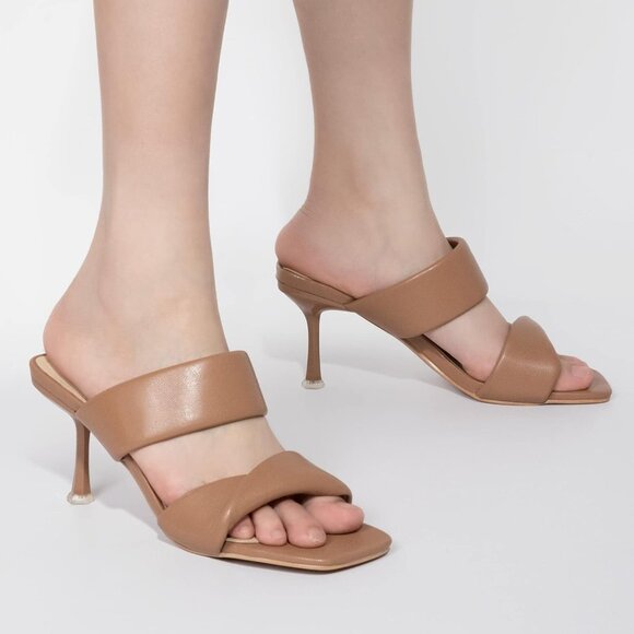 Zelaprox Women's Brown Faux Leather Two Straps Square Open Toe Kitten Heel Shoes - Picture 4 of 6